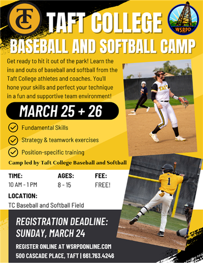 Flyer with information on Taft College baseball and softball camp