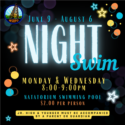 Flyer for Night Swim 2025 at the Natatorium Pool