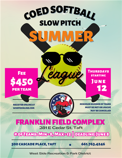 Flyer with information for Coed Summer Softball League