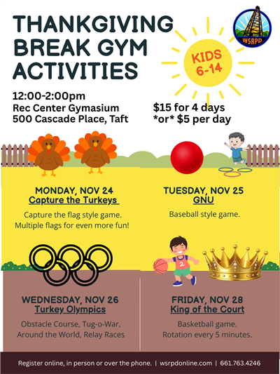 Flyer for Thanksgiving Break activities in the Rec Center Gym