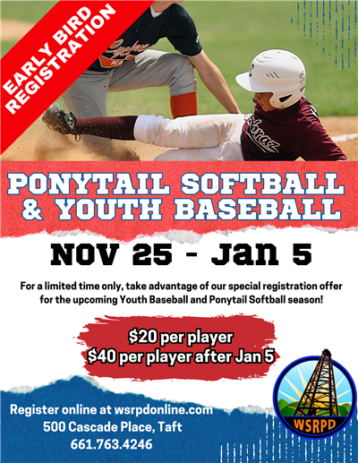 Flyer for early bird registration rates for youth baseball and softball